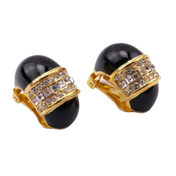Vintage Christian Dior Black Enamel Clip On Earrings Crystal Gold Tone 80s - Picture 1 of 9